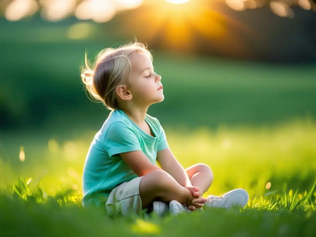 Niño en meditación consciente en prado verde, irradiando calma