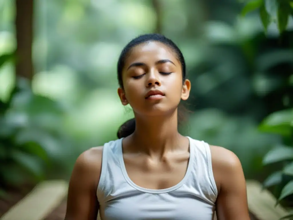 Un niño practica ejercicios de respiración, con una expresión serena y rodeado de luz natural