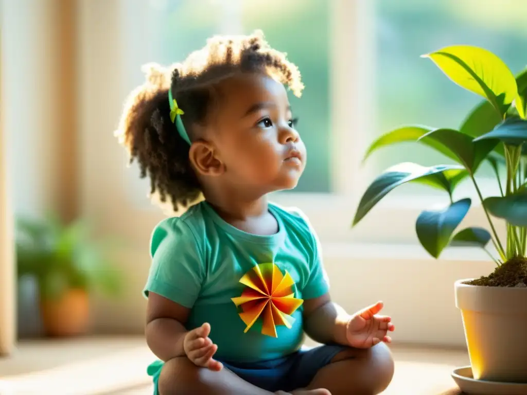 Un niño practica ejercicios de respiración profunda en un ambiente sereno, rodeado de plantas verdes