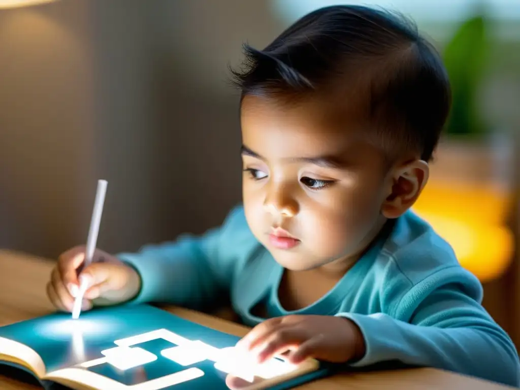 Un niño con enfermedad respiratoria crónica se concentra en una actividad educativa, mostrando determinación y curiosidad