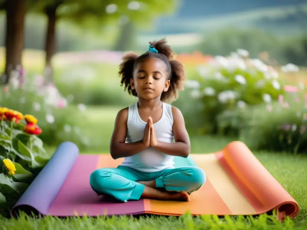 Un niño en una esterilla de yoga colorida, ojos cerrados, rodeado de luz suave y nubes