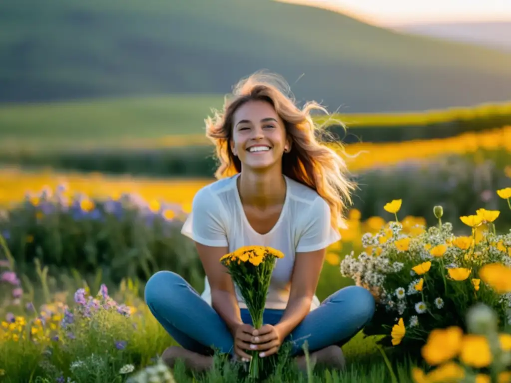 Un niño feliz en un campo de flores al atardecer, mejora la respiración en niños con alergias