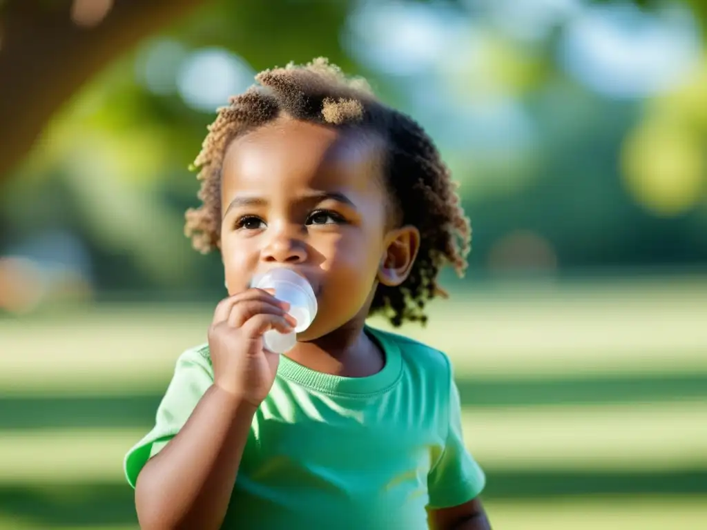 Un niño feliz usando un inhalador mientras juega en un parque soleado