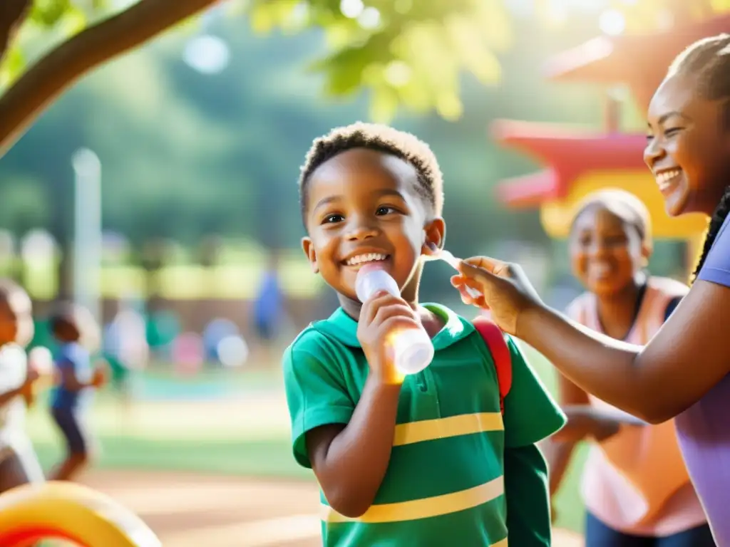 Un niño juega feliz en el parque con sus amigos, sosteniendo un inhalador