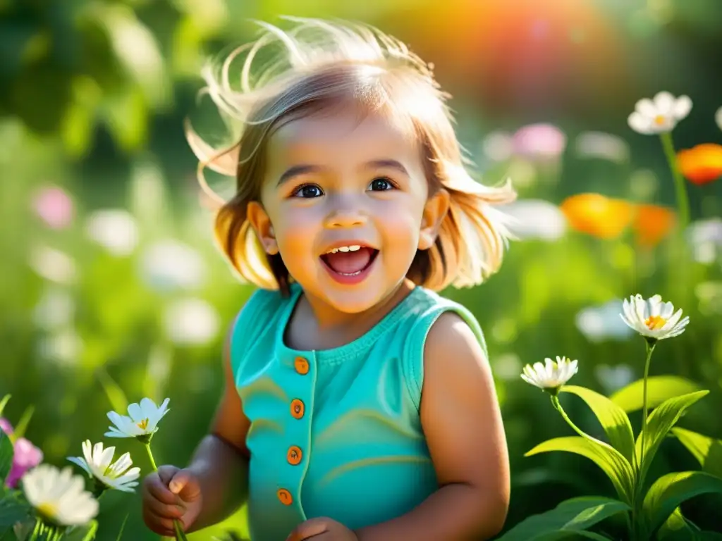 Un niño juega entre flores y hierba, irradiando alegría y vitalidad al aire libre