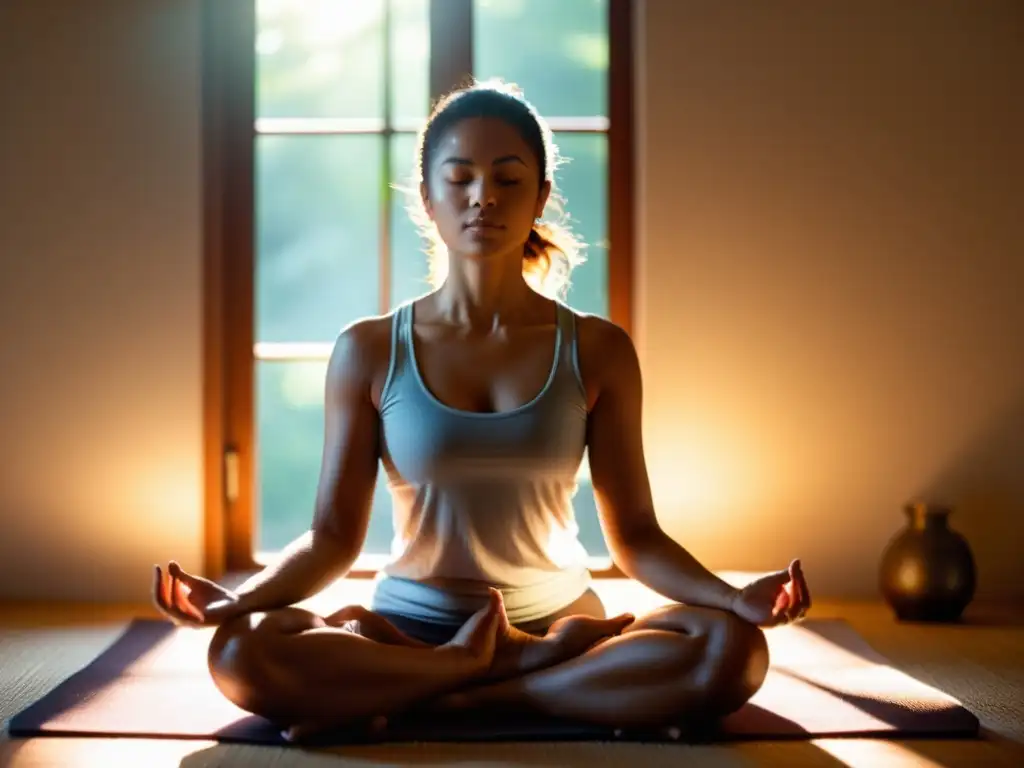 Niño en meditación, iluminado por la luz natural, respirando con calma