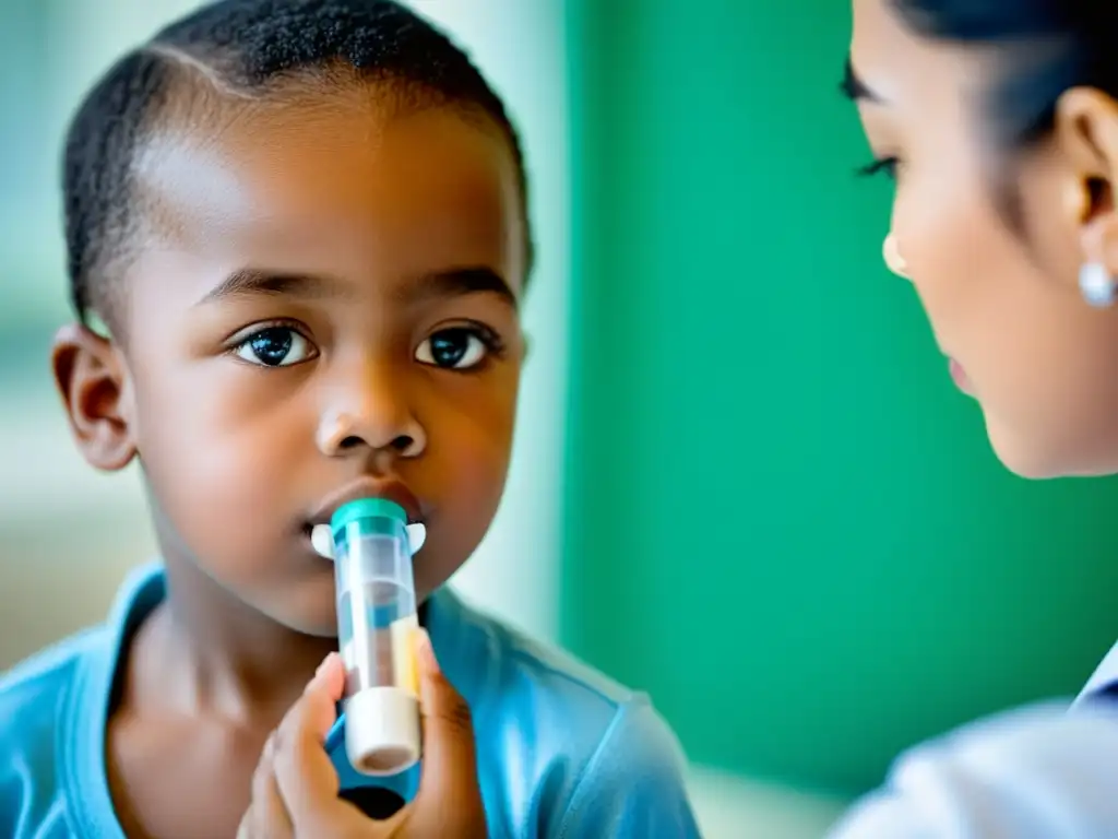 Un niño usando un inhalador con espaciador en un ambiente clínico luminoso