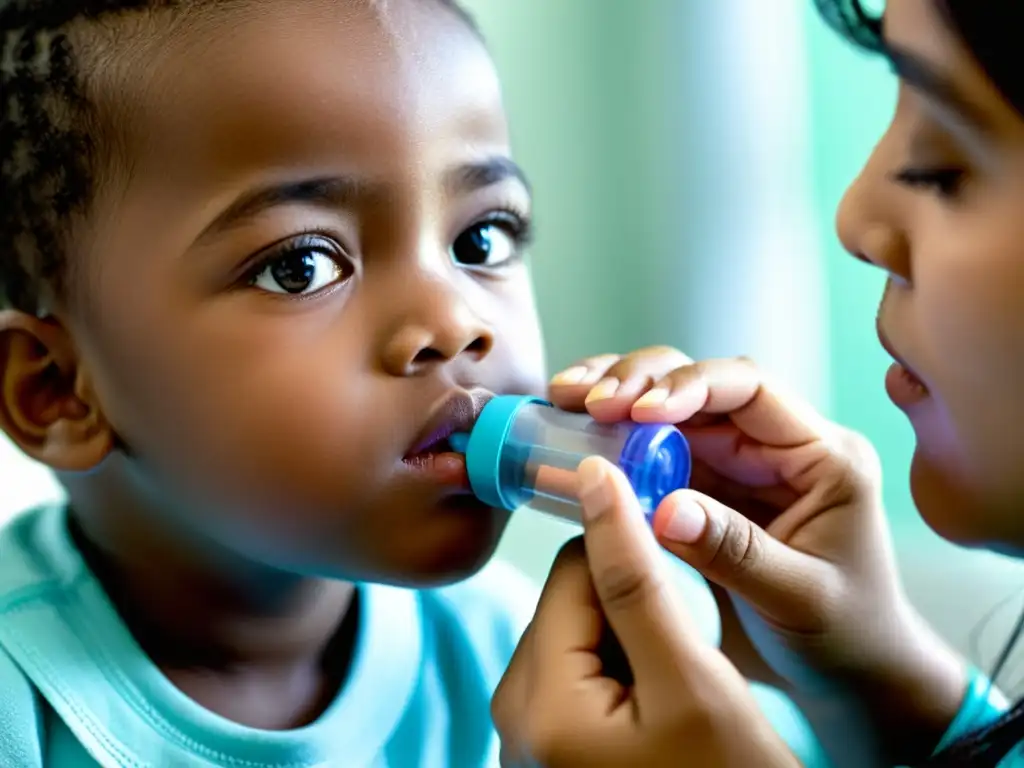 Un niño usando un inhalador bajo supervisión médica, transmitiendo confianza y cuidado