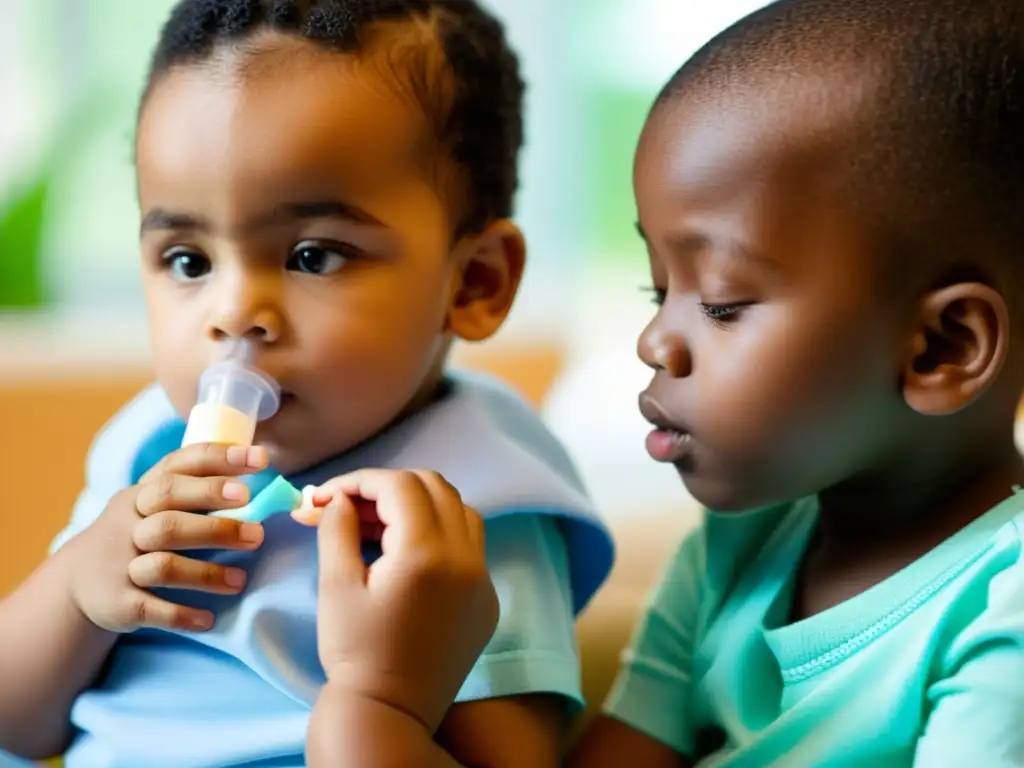 Un niño usando un inhalador mientras un profesional de la salud supervisa