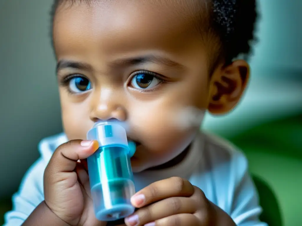 Un niño usa con determinación un inhalador, rodeado de una neblina de esperanza