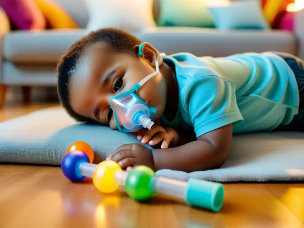 Un niño juega con juguetes y libros en un ambiente cálido y familiar, usando un tratamiento respiratorio