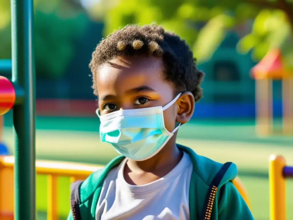 Un niño con mascarilla mira hacia un parque vacío