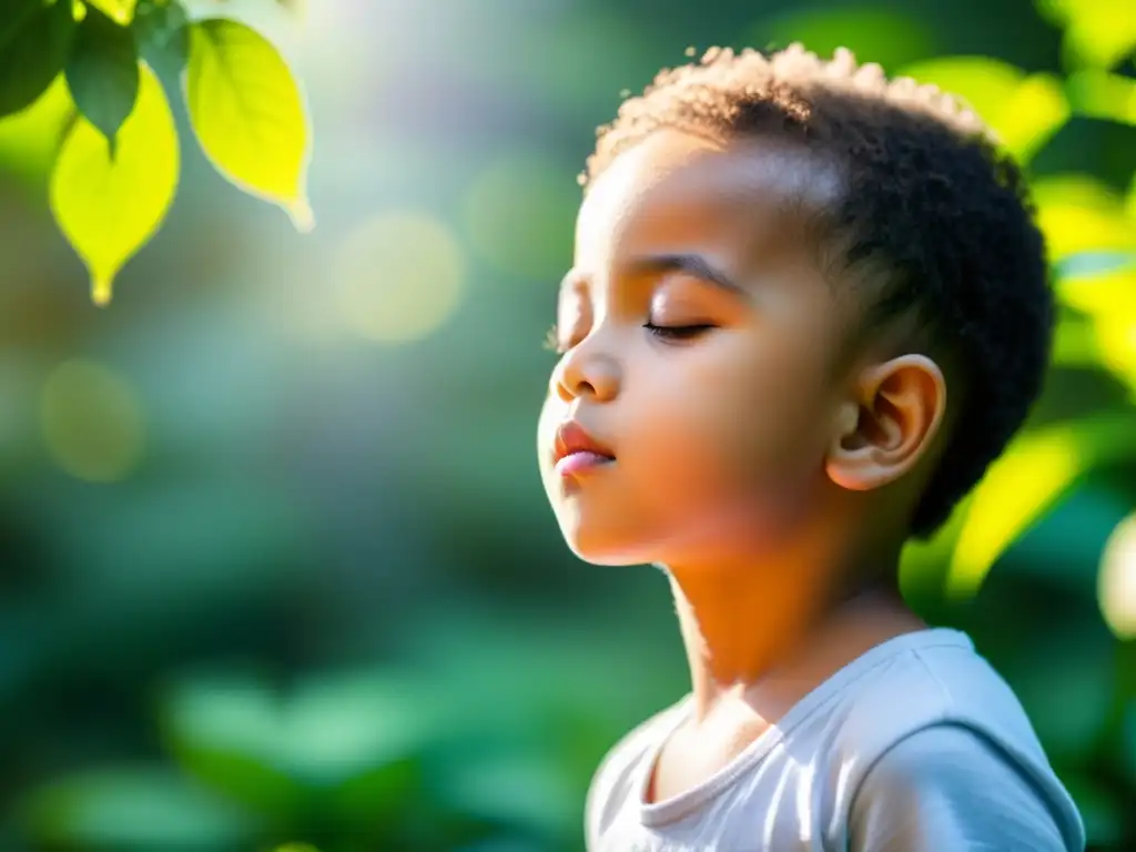 Niño en la naturaleza practicando respiración para fortalecer sistema inmunitario