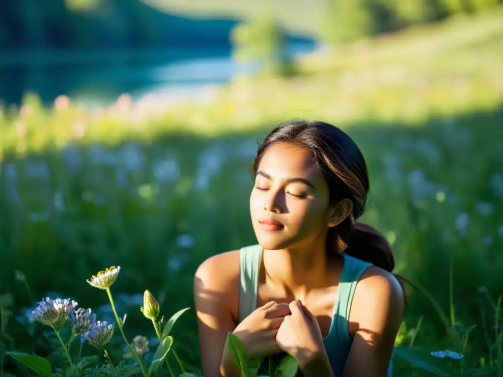 Un niño en meditación, disfrutando de la naturaleza y la tranquilidad de un campo verde con flores silvestres