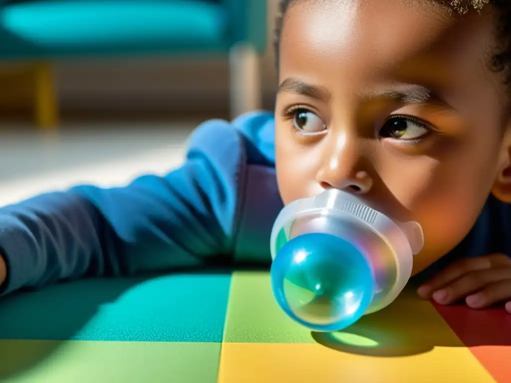 Un niño usa un nebulizador en una habitación llena de luz natural y juguetes coloridos, con un profesional de la salud brindando cuidado