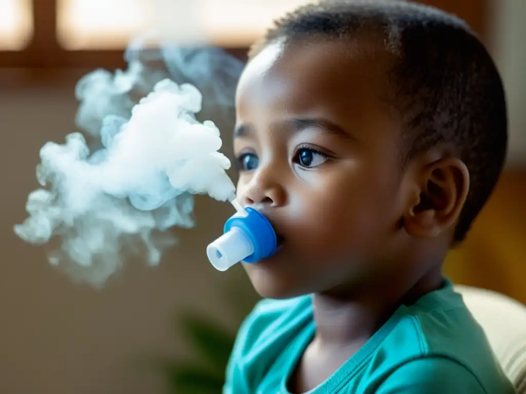 Un niño usa un nebulizador con determinación, rodeado de luz suave y calma en un hogar acogedor