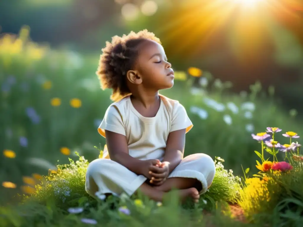 Niño en paz, respirando en la naturaleza entre flores, brillo dorado