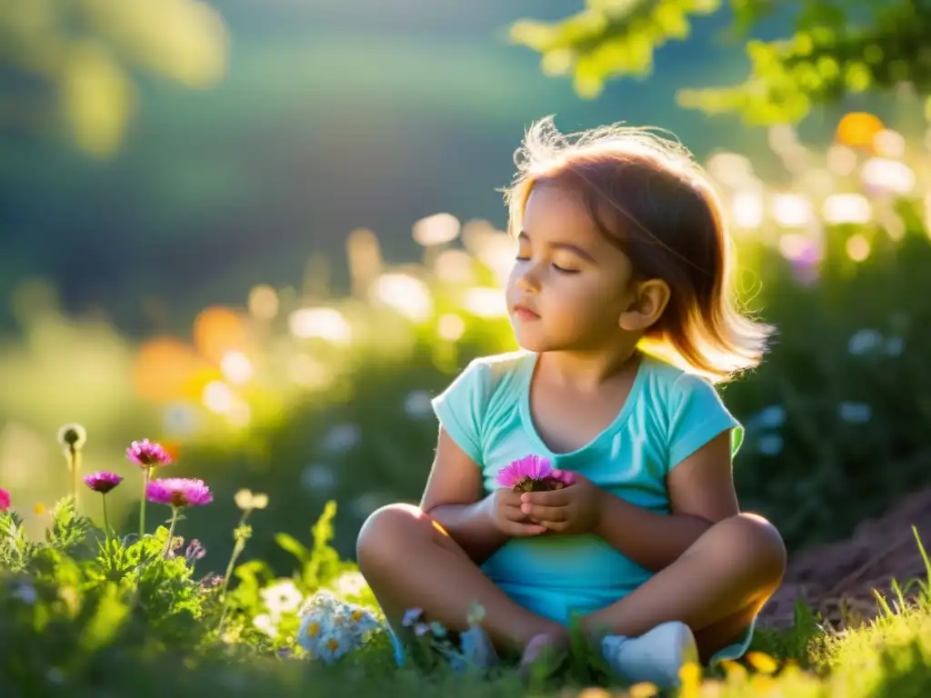 Niño en prado con flores, respiración diafragmática, bienestar infantil