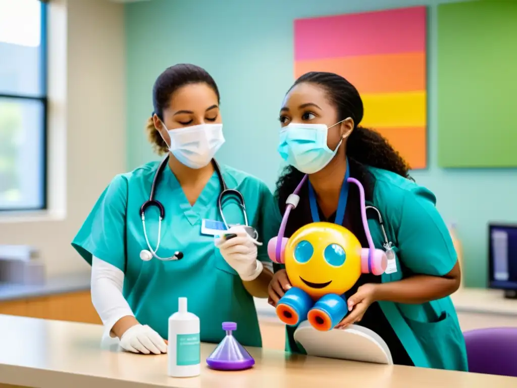 Niño en consulta pediátrica con mascarilla de respiración Niño preparándose para prueba espirometría en consultorio pediátrico con apoyo y calidez