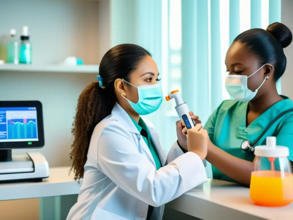 Niño en consulta médica con máscara y espirómetro Un niño se prepara para una prueba de espirometría, sentado en una mesa de examen colorida mientras su madre lo reconforta