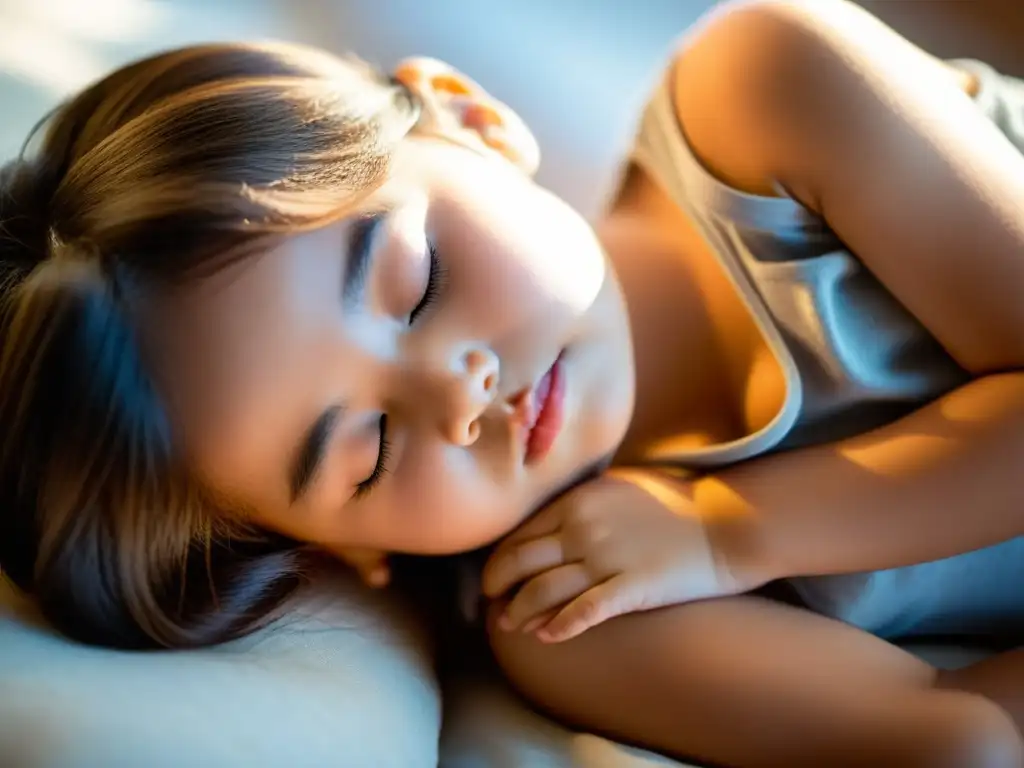 Niño practicando respiración abdominal para niños, con los ojos cerrados y una expresión de paz, en un ambiente iluminado y tranquilo