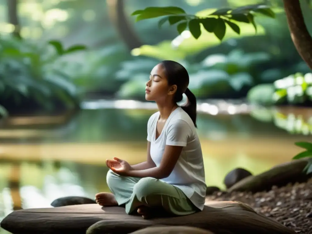 Niño practicando respiración profunda en la naturaleza, expresando serenidad