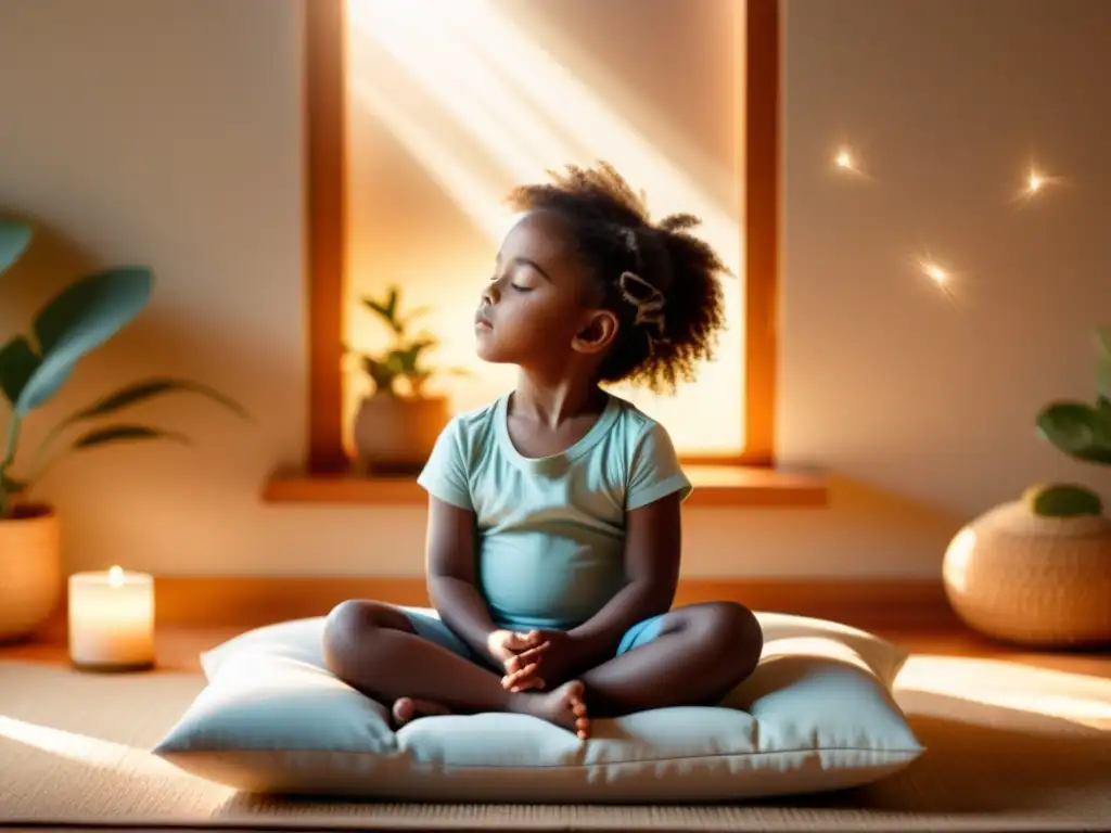 Niño en meditación, rodeado de calma y luz, practicando la respiración adecuada para mejorar concentración TDAH