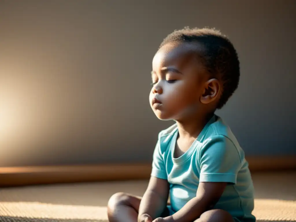 Niño en meditación, respiración segura para mejorar concentración en ambiente sereno y luminoso