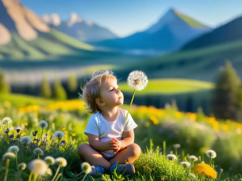 Un niño sopla las semillas de un diente de león en un prado