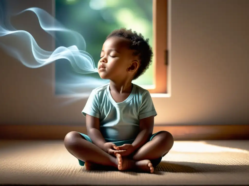 Un niño respira profundamente con serenidad, rodeado de luz natural, simbolizando la recuperación postemocional en la infancia