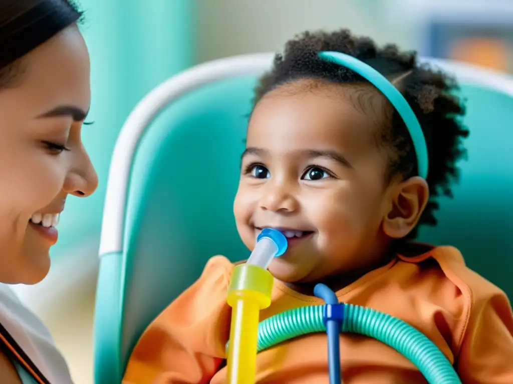 Un niño sonriente usa una cánula nasal en una clínica pediátrica moderna