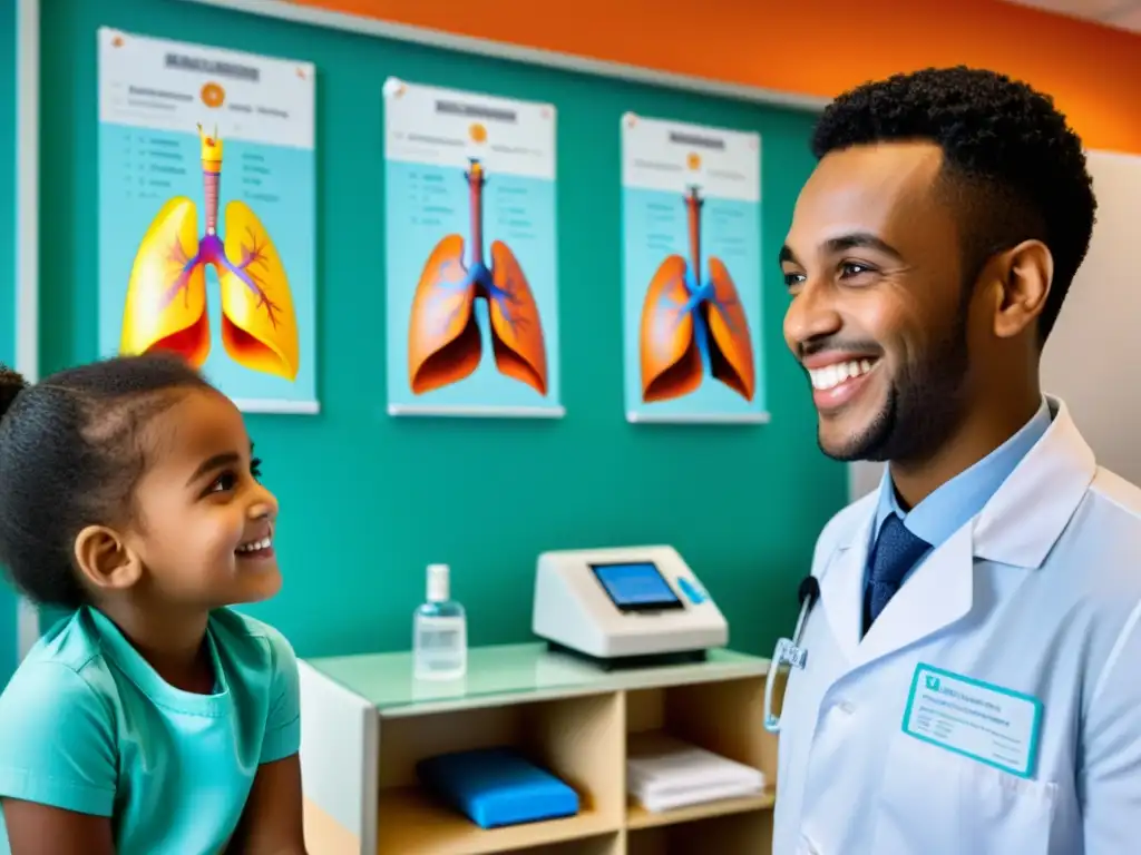 Niño feliz aprendiendo sobre la salud pulmonar en consulta médica Un niño sonriente en la consulta del médico, escuchando la explicación sobre una prueba de espirometría con un modelo de pulmones