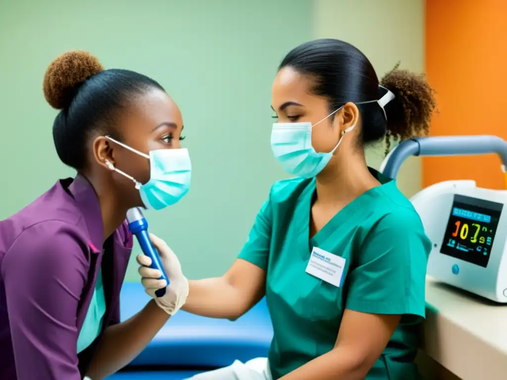 Niño sonriente en prueba de espirometría Un niño sonriente en la consulta pediátrica, usando una mascarilla conectada a un espirómetro
