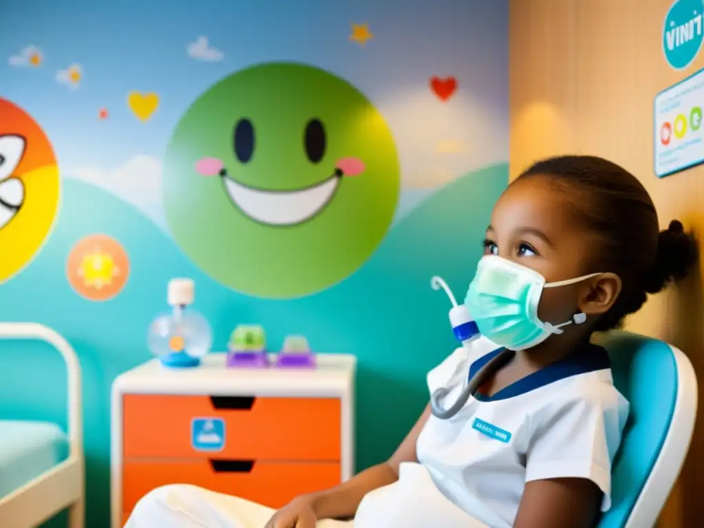 Un niño sonriente usando una mascarilla nebulizadora en una colorida sala de tratamiento pediátrico