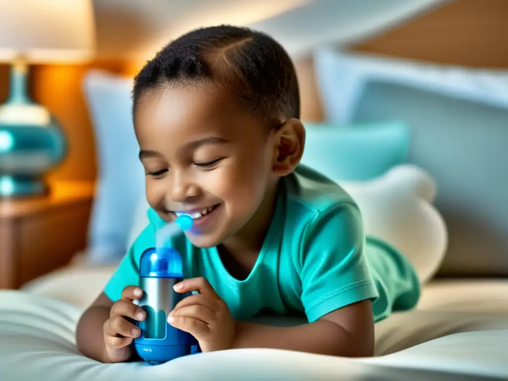 Un niño sonriente usa una nebulizadora pediátrica con tranquilidad en el regazo de su padre