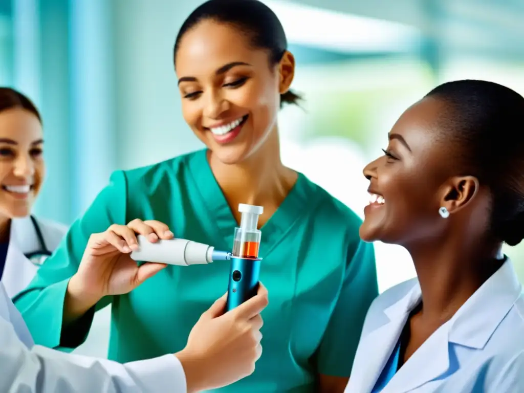 Niño sonriente realiza prueba de espirometría pediátrica con apoyo médico Un niño sonriente se prepara para una prueba de espirometría rodeado de profesionales médicos en un entorno acogedor y moderno