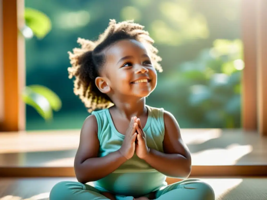 Un niño sonriente practica la respiración diafragmática, transmitiendo calma y bienestar en un entorno sereno