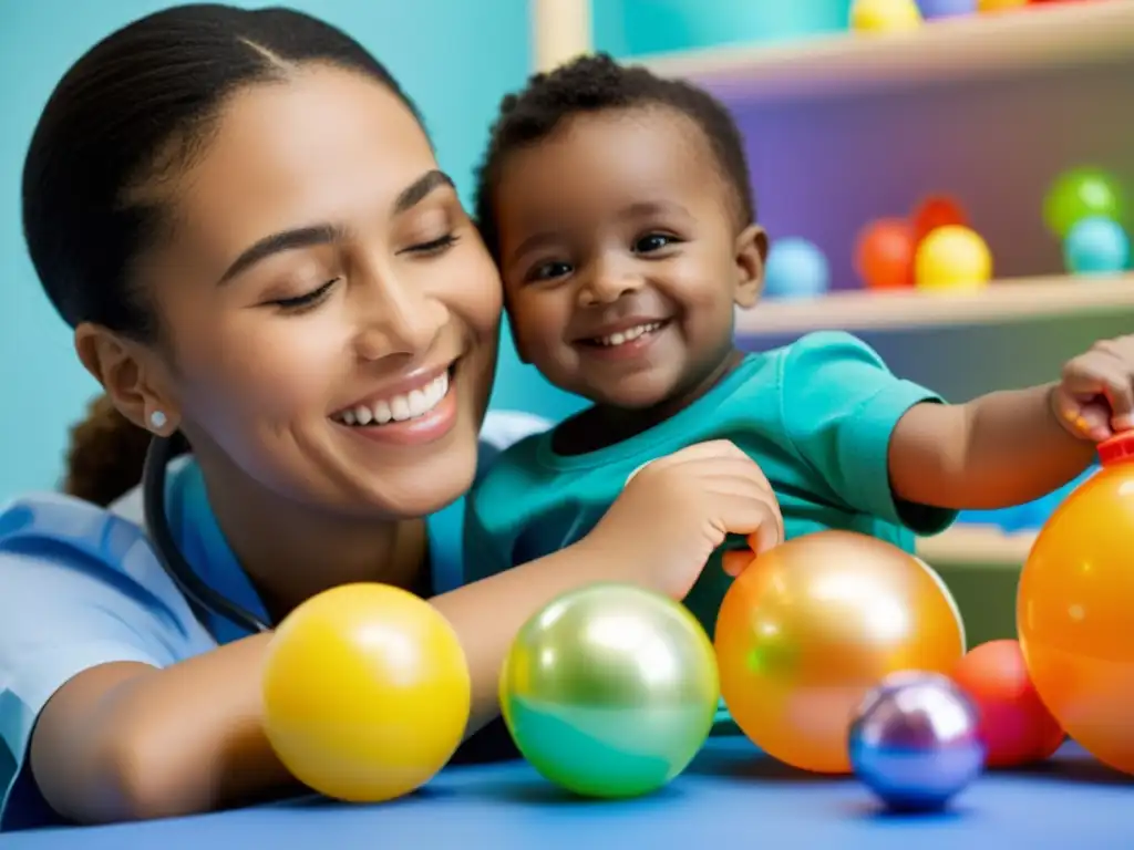 Niño sonriente en sesión de fisioterapia respiratoria pediátrica rodeado de juguetes coloridos, disfrutando de la interacción con su fisioterapeuta