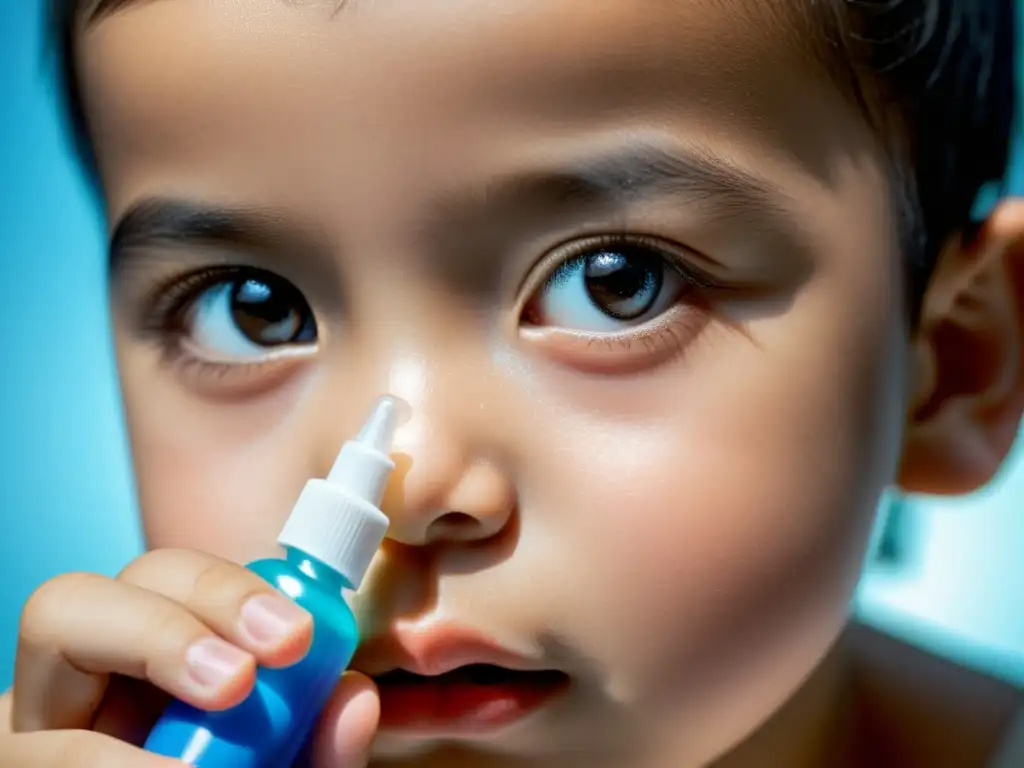 Un niño usando un spray nasal para mejorar la respiración en niños con alergias, mostrando alivio y tranquilidad