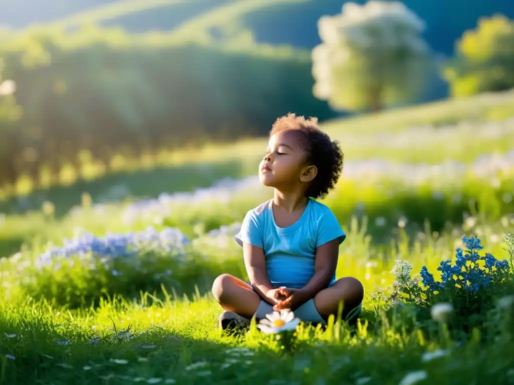 Niño practicando técnicas de respiración para aliviar alergias y asma en medio de la naturaleza, rodeado de flores silvestres y luz solar