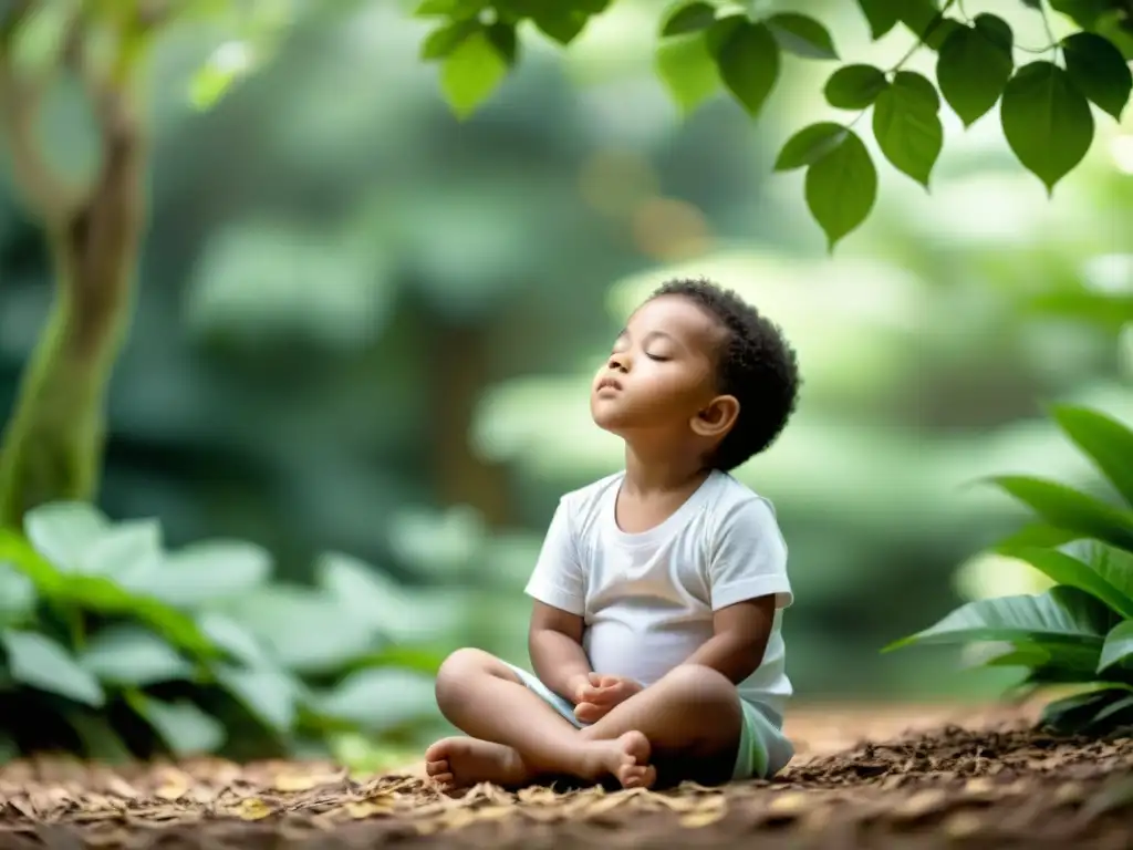 Niño practicando técnicas de respiración para aliviar alergias y asma en un entorno sereno y natural, rodeado de vegetación exuberante