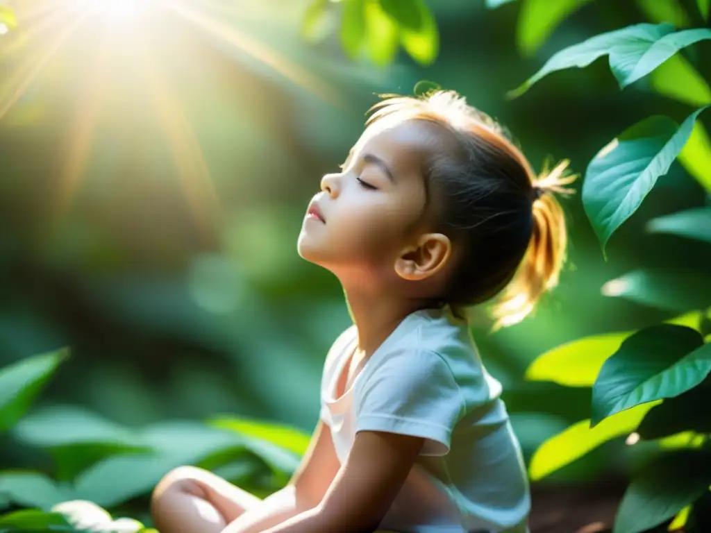 Un niño practica técnicas de respiración para aliviar alergias y asma en un entorno natural, rodeado de serenidad y luz filtrada entre las hojas