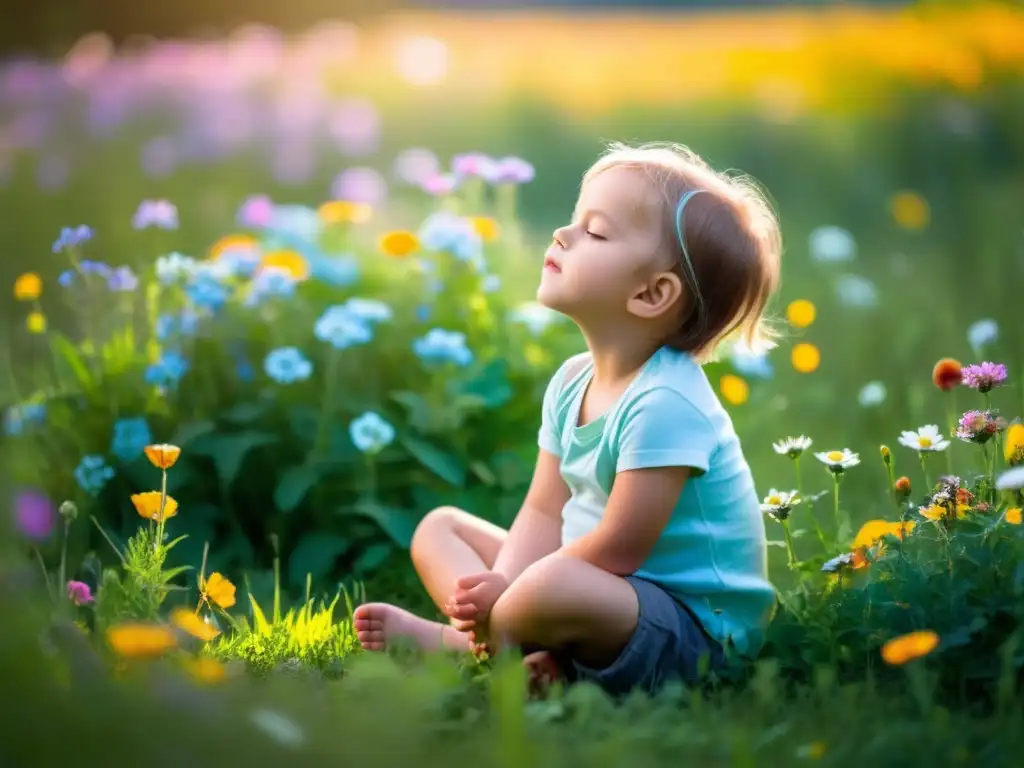 Niño practicando técnicas de respiración para reducir ansiedad en un prado florido y tranquilo, irradiando paz y serenidad