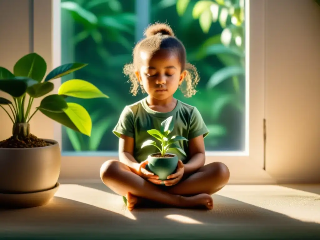 Un niño practica técnicas de respiración rodeado de plantas, creando un ambiente tranquilo