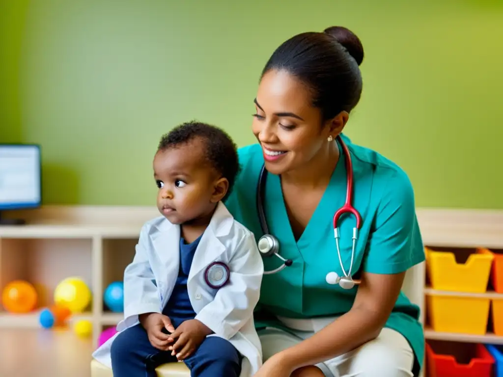 Un niño tranquilo en la consulta del pediatra, con juguetes coloridos y un doctor atento escuchando su respiración con un estetoscopio