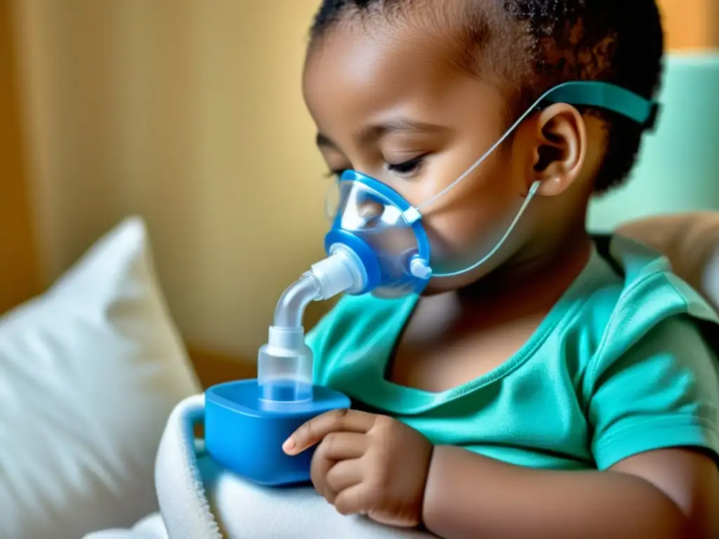 Niño tranquilo usando nebulizador, rodeado de apoyo y cuidado