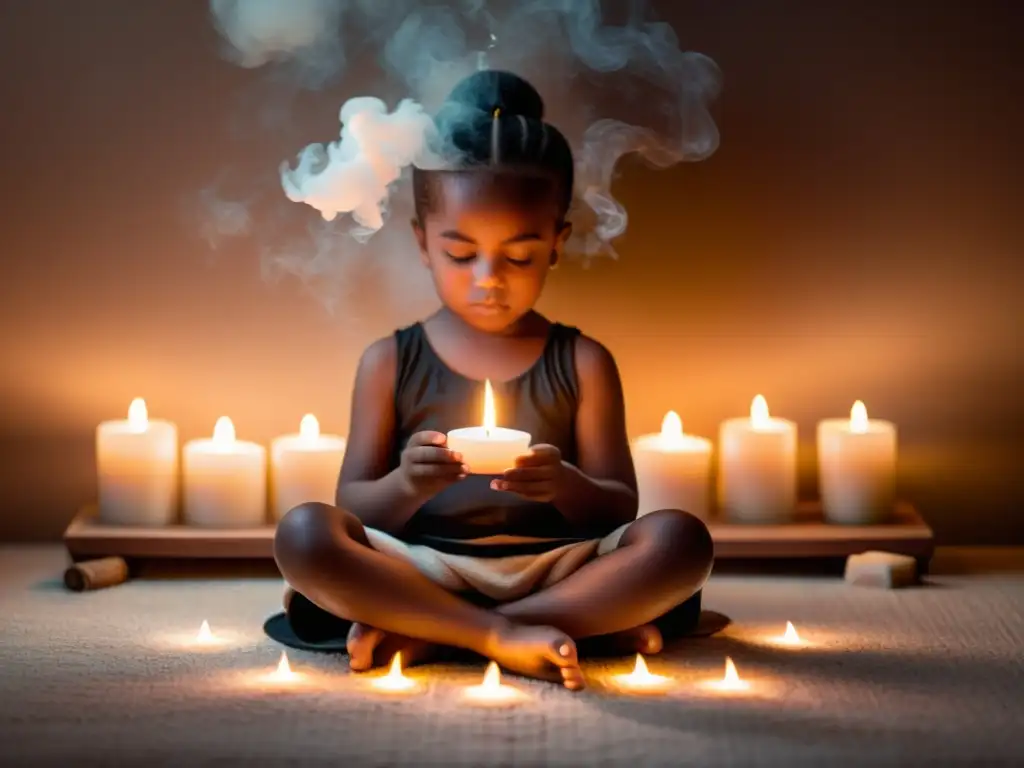 Un niño tranquilo practica respiración segura para mejorar concentración en un entorno cálido y sereno con velas y aroma suave