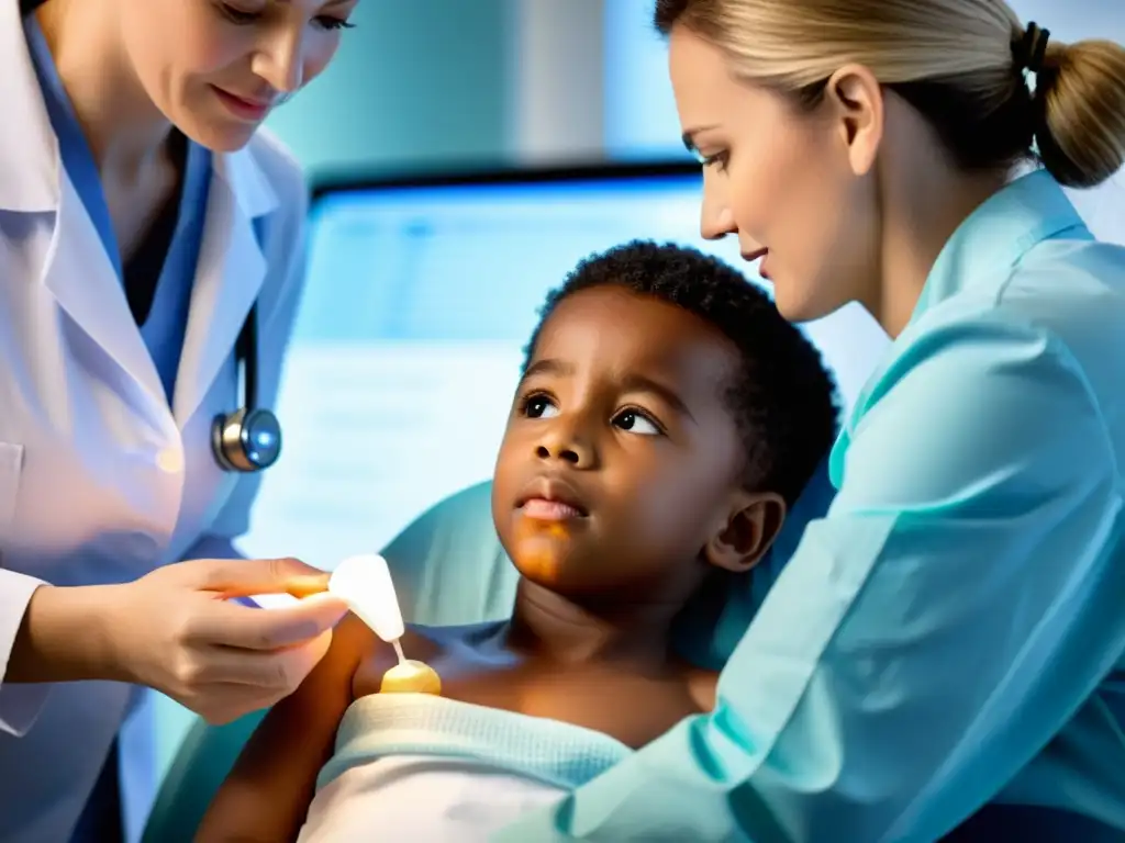 Un niño recibe tratamiento médico para alergias, con personal profesional y ambiente reconfortante