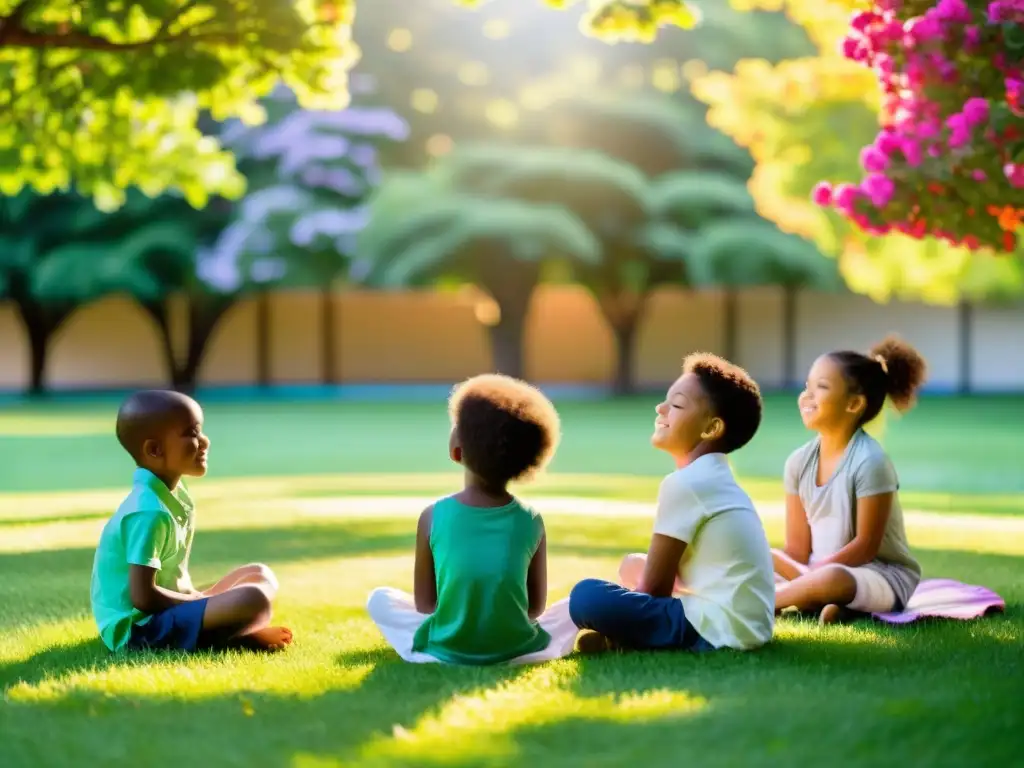 Niños en círculo practicando ejercicios de respiración en la naturaleza, creando armonía y tranquilidad en el currículo escolar