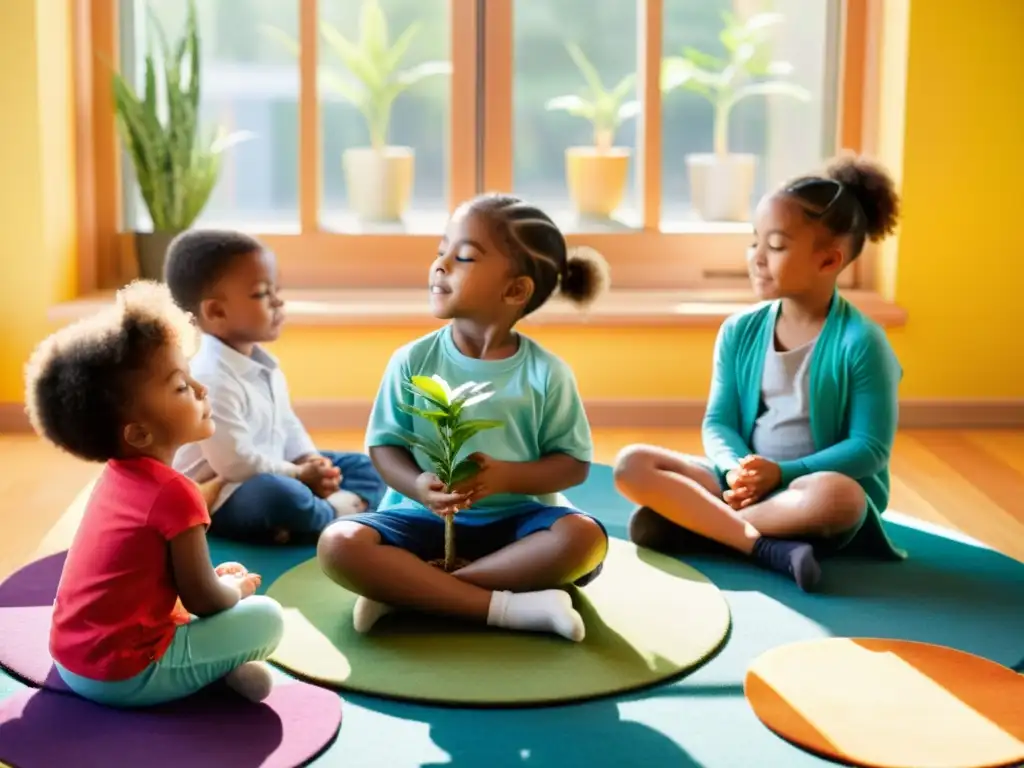 Niños en círculo practicando relajación con plantas